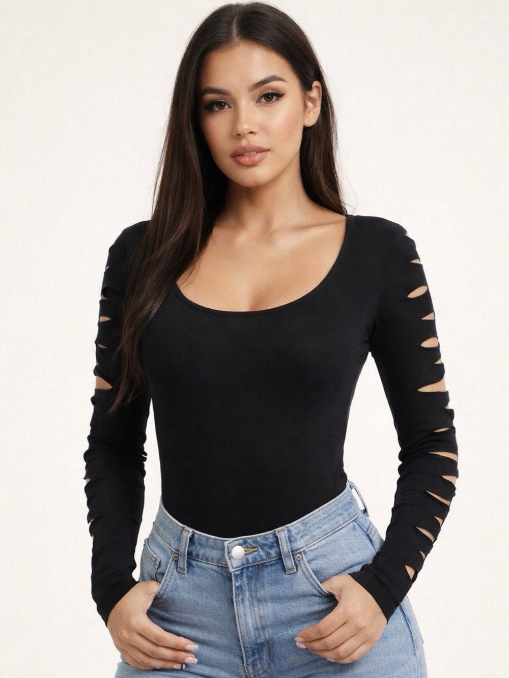Scoop Neck Black Long-Sleeve Slashed Sleeve Bodysuit Size L